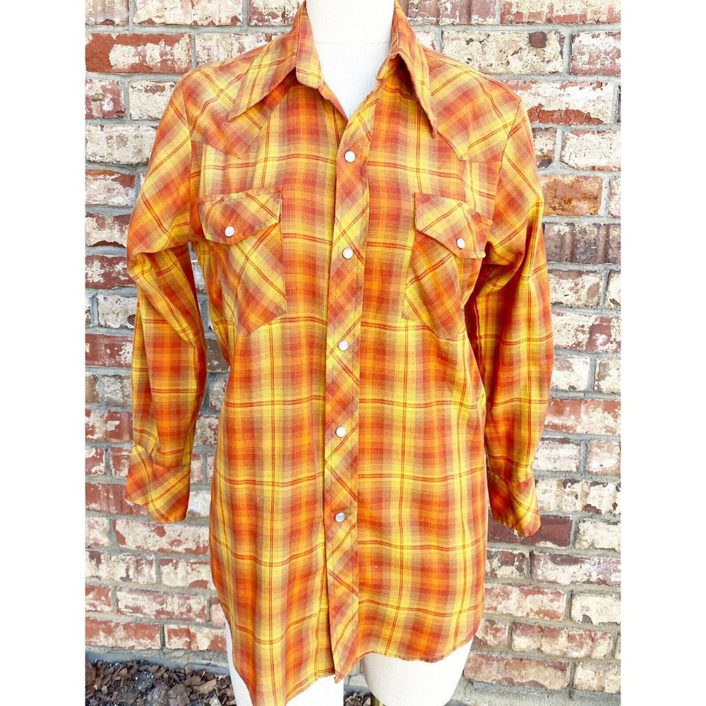 Fenton Men 15/32 Long Sleeve Lightweight Orange Plaid Pearl Snap Shirt *see Pics